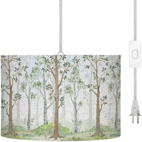 Plug in Pendant Light Watercolor Fairy Forest Childrens Interior Hanging Lamp with Plug in Cord 16.4 ft Dimmable Switch Fabric Shade Hanging Light for Bedroom Kitchen Island Living Room