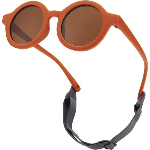 Baby Polarized Round Sunglasses Flexible Rubber Shades with Strap for Toddler Newborn Infant Ages 0-24 Months (Red/Brown)