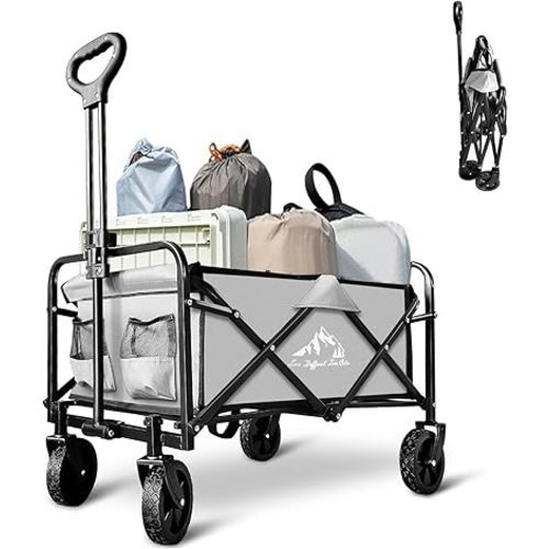Foldable Wagon Cart, Collapsible Wagon Cart with Heavy Duty Wheels, 220Ibs Portable Folding Utility Wagon for Groceries, Beach, Camping, Outdoor Activities, Gray