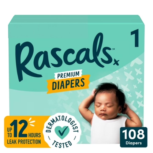 Free Shipping! Rascals Premium Absorbent Baby Diapers, Size 1, 108 Count, Hypoallergenic, Leak Protection