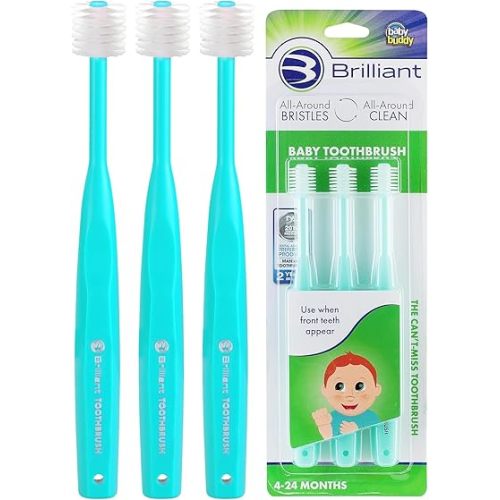 Brilliant Oral Care Baby Toothbrush with Soft Bristles and Round Head, for a Toddler Approved, Easy to Use All-Around Clean Mouth, Ages 0-2 Years, Mint Green, 3 Pack