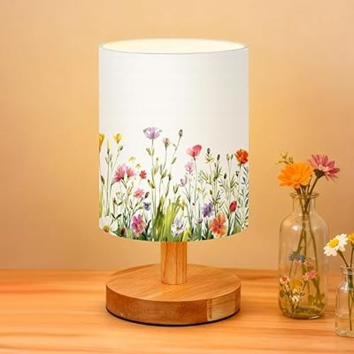 VIHOSE Wild Flower Kids Table Lamp for Bedroom Kids Bedside Lamp with Linen Wooden Nightstand Cartoon Nursery Lampshade for Girls Boys Living Room