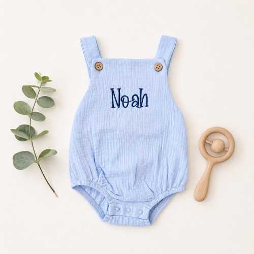 Personalized Organic Cotton Baby Boy Romper | Custom Name Muslin Bubble Outfit | Newborn Gift