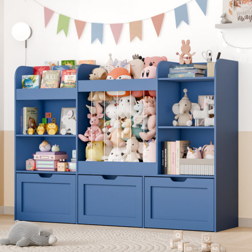 Latitude Run® 61" W Kids Toy Storage Organizer With Bookshelf, Toy Organizer With Stuffed Animal Storage, 3 Movable Toy Box, 4 Storage Compartments And 3-tier Bookshelf For Kid Toy Room Organization & Reviews | Wayfair