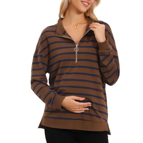 INSPIRE CHIC Womens Maternity Tunic Striped Mock Neck Long Sleeve Half Zip Side Slit Pregnancy Nursing Sweatshirt