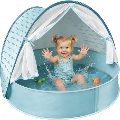 Baby Beach Tent with Pool, 3-in-1 Upgrade Pop Up UPF 50+ Sun Protection Shelter with Mosquito Net Babies Toddlers Portable Outdoor Summer Essentials for Beach, Backyard, Indoor- Green Leaves