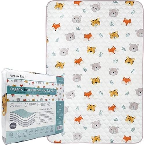 Organic Incontinence Pads for Kids & Toddlers - 5 Layer Waterproof Protectors for Overnight Bed Wetting - Reusable & Washable Pee Pads - Fits Twin to Full Size Beds - 34" x 52" Tiger Bear Fox