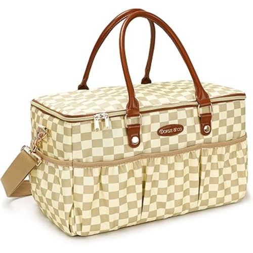 Dokus & Co Large Diaper Bag Tote with Shoulder Strap – Water-Resistant Baby Bag for Travel, Mom & Dad – Stylish Diaper Organizer with Zipper Pockets – Beige Checkered