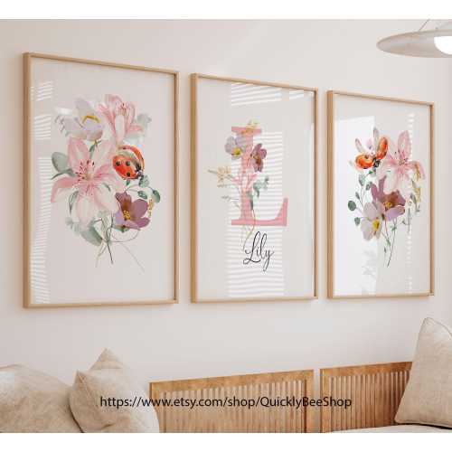 Lily Ladybug Nursery Wall Art, ladybirds Lily Floral Wall Art, Floral Ladybug Nursery Wall Art, Name Girl Room Decor, Set of 3