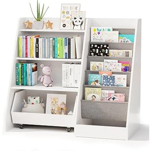 COZPAW Kids Bookshelf and Toy Storage, 4 Tier Toddler Bookshelf with Movable Drawer 5 Sling Pockets, Montessori Book Shelf for Kids Room, Playroom, Nursery (White)