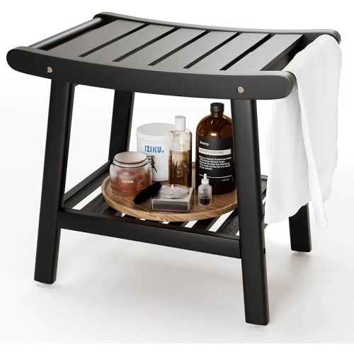 Bamboo Shower Stool Bench,Shower Chair for Inside Shower with Storage Shelf