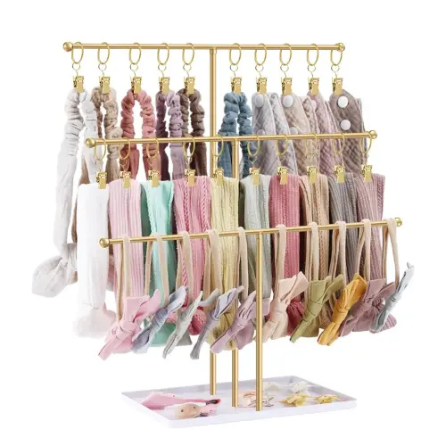 POVETIRE Headband Holder Stand Storage for Baby, 3 Tier Wooden Bow Organizer for Girls Hair Bows, Infant Hair Accessories Rack Display for Nursery Decor