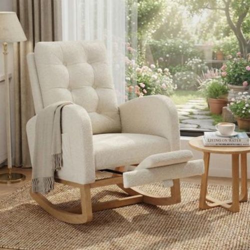 COZONY Modern Rocking Chair in Morandi colors, with Side Pocket, Linen Upholstered Glider Chair, 300 LBS Accent Rocker for Living Room & Nursery