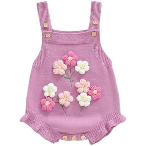 Baby Girl Fall Outfits Newborn Sleeveless Knit Sweater Romper Floral/Bee Onesie Cute Winter One Piece Knitted Outfit