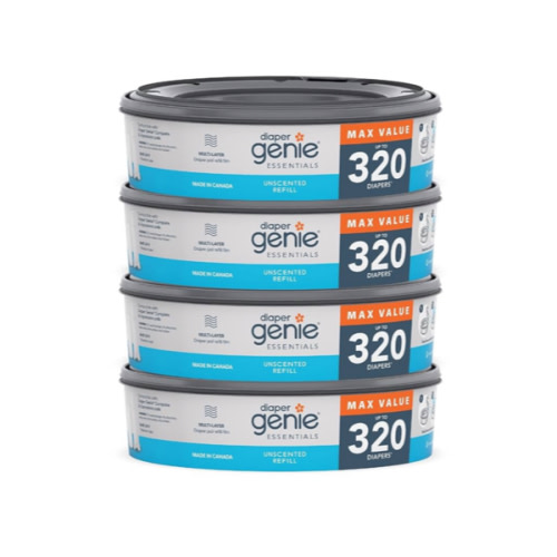 Diaper Genie Essentials Round Refill Pack of 4 | Holds Up to 1280 Newborn Diapers | Features Unscented Continuous Film | Compatible with Diaper Genie Complete and Expressions Pails