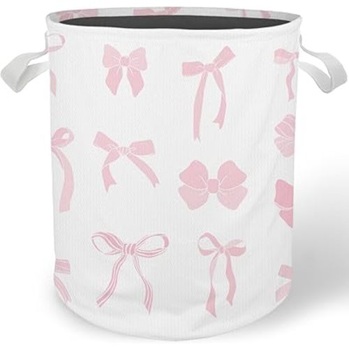 Coquette Pink Bow Laundry Basket Hamper, Toybox for Girls, Preppy Girly Bow Waterproof Collapsible Storage Bin Organizer for Bedroom Bathroom Girls Room Dorm Clothes Toys Books
