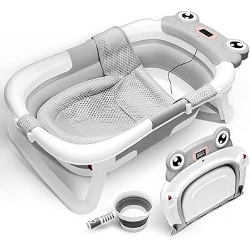 JTCosas Collapsible Baby Bathtub with Thermometer, Detachable Mesh Seat, Water Scooper, and Travel Bag - Portable and Foldable Baby Bath for Babies and Toddlers