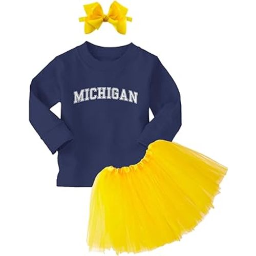 Michigan - State Proud Strong Pride Sports Long Sleeve Toddler T-Shirt + Tutu Skirt + Bow Headband Set (Long Sleeve Navy Blue T-Shirt/Yellow Tutu, 5T)