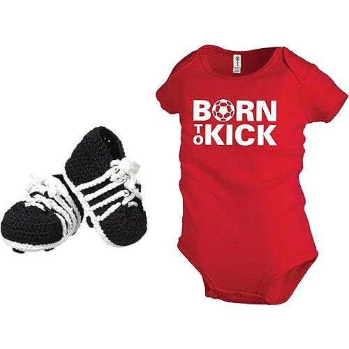 Born to Kick Soccer Baby Onepiece and Baby Soccer Crochet Booties Gift Pack