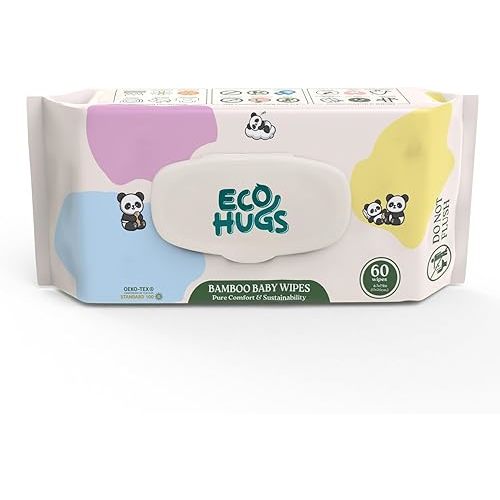 EcoHugs Unbleached Bamboo Baby Wipes, with Aloe, Vitamin E, and Calendula, Hypoallergenic and Unscented, for Sensitive Skin (60 Wipes (1 Pack))
