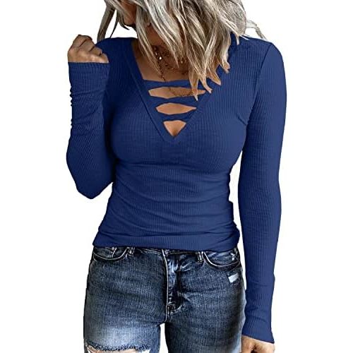 Women Casual Long Sleeve Tunic Tops V-Neck T Shirts Criss Cross Ribbed Casual Tee Slim Fitted Fall Blouse