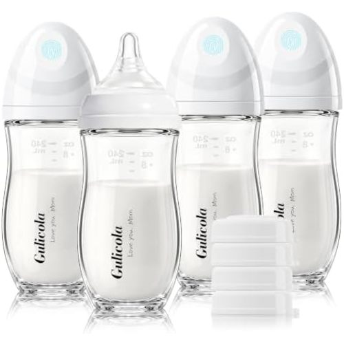 Gulicola Natural Glass Baby Bottle 8 oz for Breastfed Babies, Anti-Colic Baby Bottle Set with Medium Flow Nipple, 3 Months +, 4 Pack - White