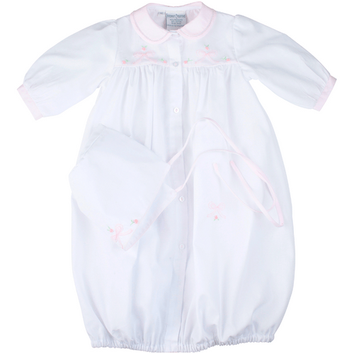Embroidered Bow Take Me Home Gown with Hat (NEWBORN)