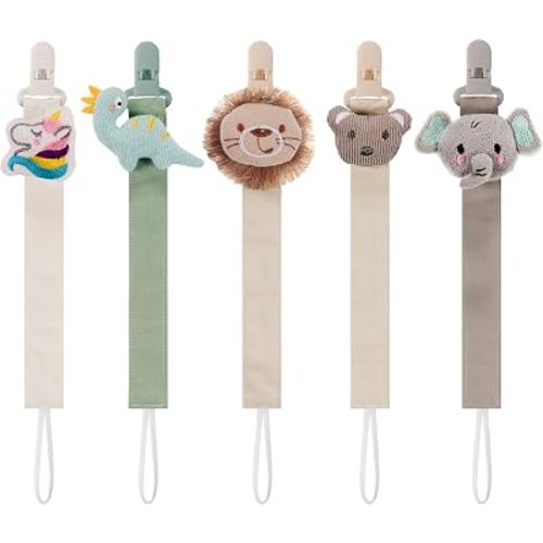 5 Pack Pacifier Clip for Baby Boys and Girls, Multicolor Fabric Straps,5pcs Straps, Approx. 11 in / 29 cm, Resin Clips with Inner Grip Design, Fits Most Pacifiers with Handles