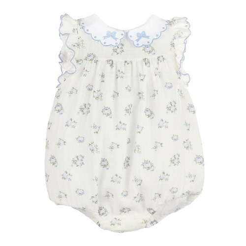 Sophie & Lucas Baby Girls Classic Bleu Blue Rose Floral Bubble - Embroidery Bow on Collar – Best Dressed Child