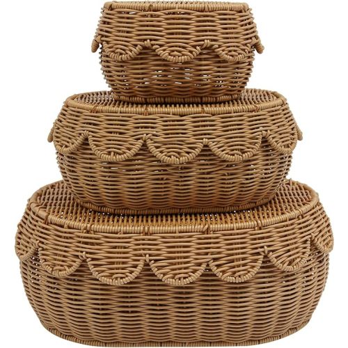 3 Pcs Scalloped Rattan Baskets with Lids