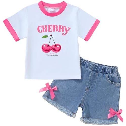 Jecson Toddler Girl Clothes Summer Cotton Print T-Shirt and Jeans Shorts Set Casual Girls 2 Piece Outfits Sets 2T-8Y