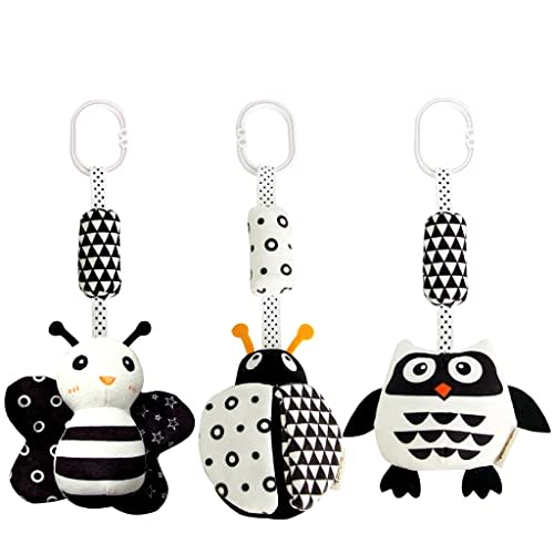 KAKIBLIN Baby Hanging Toy,3 Pack Black and White Baby Toys for 3 6 9 12 Months, High Contrast Hanging Toys,Plush Soft Stroller Rattles Toys for Boys and Girls(21CM, Ladybug,Bee & Owl)