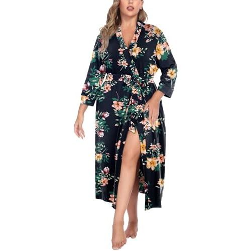IN'VOLAND Womens Plus Size Kimono Robes Long Knit Bathrobe V Neck Ladies Loungewear Lightweight Soft Sleepwear 1X-5X