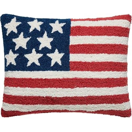 Pillow Shoppe American Flag Hand Hooked Wool Lumbar Pillow, 14x18 Inch Americana Throw Pillow for Couch, Sofa, Bed, Porch – Red White and Blue Stars and Stripes Patriotic Decorative Accent Pillow