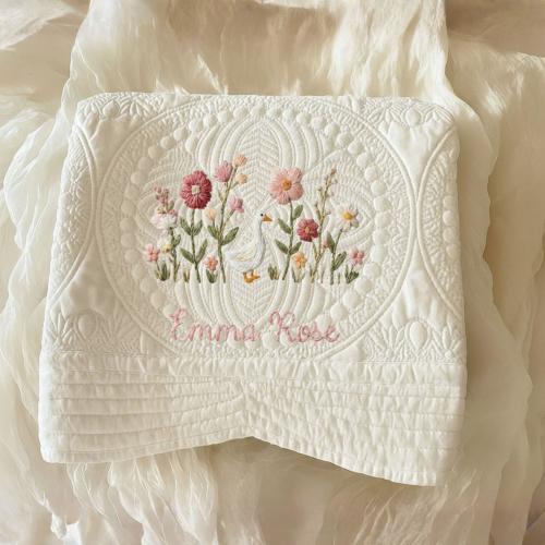 Personalized Embroidered Baby Blanket With Goose & Flower, Floral Goose Blanket, Nursery Quilt, Cottagecore Bedding, Baby Shower Gift #23