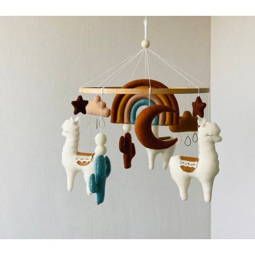 Rainbow llama mobile, nursery alpaca mobile, baby mobile girl and boy, crib felt mobile, hanging baby mobile, boho mobile, baby shower gift