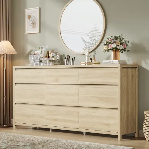 9 Drawer Dresser for Bedroom, 63" Wide Wooden Closet Dresser with Smooth Drawer, Large Dressers & Chests of Drawers for Bedroom Living Room, Oak Dresser