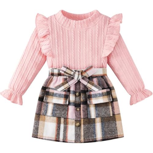 Weixinbuy Toddler Girl Fall Winter Clothes Solid Long Sleeve Ribbed T-Shirt Knit Tops Plaid Button Mini Skirts Set Outfits