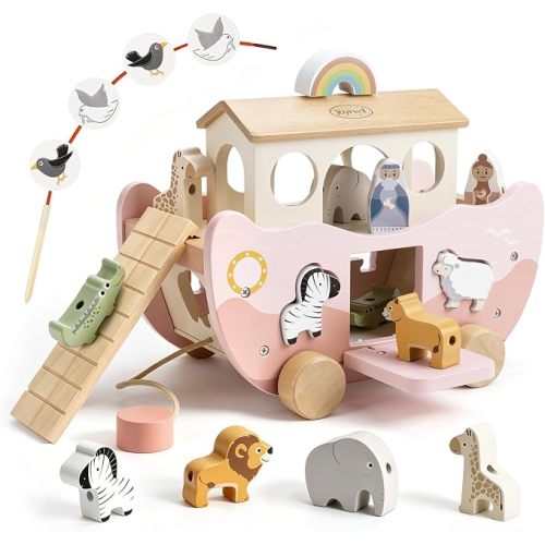 Joyreal Pink Wooden Noah's Ark Toy for 1 Year Old Baby Girl Baptism Gifts