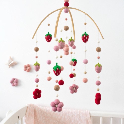 blush pink and red strawberry flower mobile, baby mobile, strawberry mobile, baby girl mobile.
