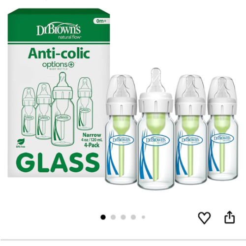 Dr. Brown's Natural Flow Anti-Colic Options+ Narrow Baby Bottle, 4 oz/120 mL, with Level 1 Slow Flow Nipple, 0m+, 4 Pack