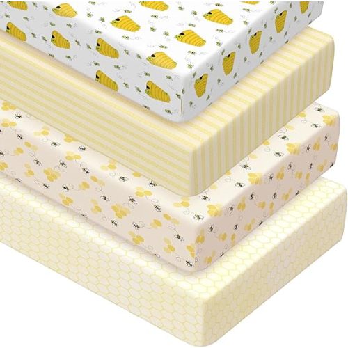 Peryiter 4 Pack Crib Sheets for Baby 52'' X 28" Yellow Bee Crib Sheet