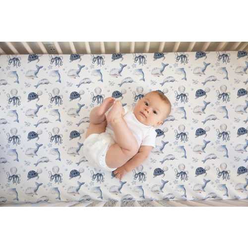 Blue Ocean Animals Crib Sheet -Baby Boy Ocean Nursery Bedding - Under the Sea Baby Gift- Octopus, Sea Turtle, Dolphin, Whale Nautical 352