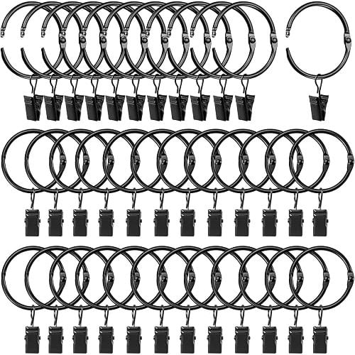 LLPJS Openable Curtain Rings with Clips, Open Drapery Rings with Hooks, Curtain Clips 1.26 inch Interior Diameter, Fit up to 1" Curtain Rod (Black, 1.26" I D Set of 36)