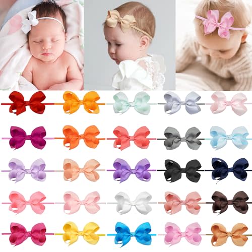 25 Colors Baby Girls Headbands 3Inch Grosgrain Ribbon Bow Nylon Headbands | Soft Stretch Small Bow Nylon Hairbands Elastics for Newborns Infants Toddlers Kids Children