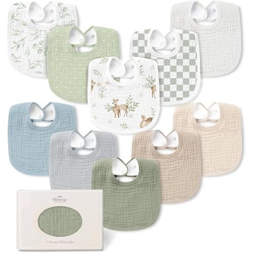 Konssy 10-Pack Muslin Baby Bibs for Drooling and Teething