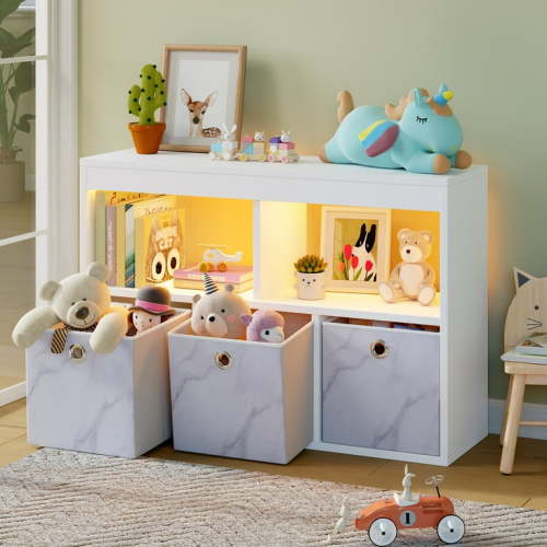 Pinmoco 5-Cube Reversible Open LED Kids Toy Storage Organizer with Three Marbled Fabric Drawers, White