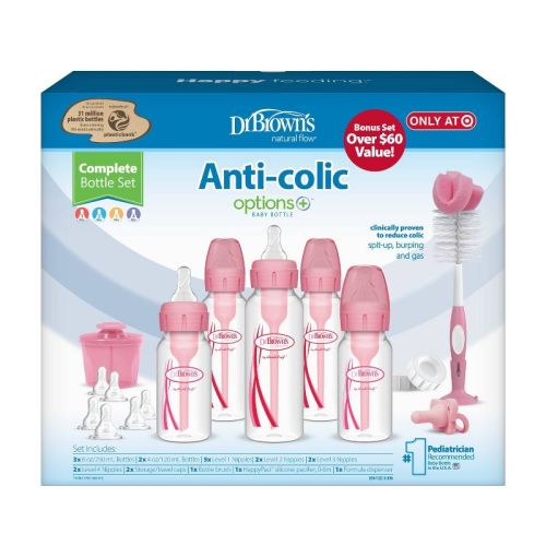 Dr. Brown's Anti-Colic Options+ Narrow Baby Bottle Newborn Gift Set - 0-6m - Pink