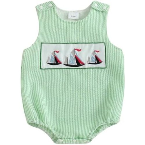 Baby Girl Boy Summer Romper Newborn Sleeveless Sailboat/Golf Embroidery Plaid Tank Romper One Piece Jumpsuit Clothes