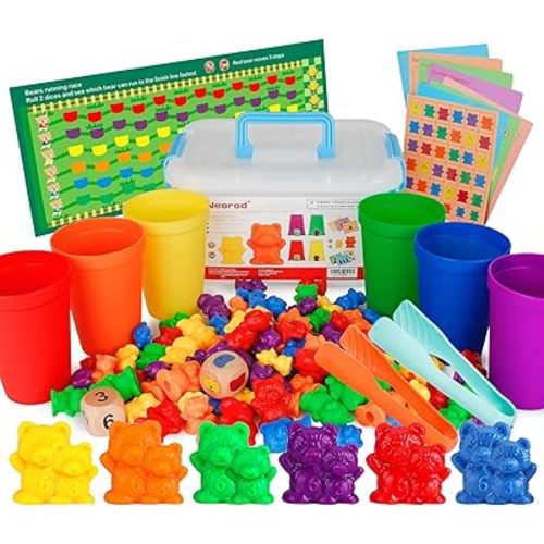 NEOROD Rainbow Counting Bears with Matching Sorting Cups, Number Color Recognition STEM Educational Toddler Preschool Math Manipulatives Toy Set of 90, 2 Tweezers, 2 Dices, 12 Cards, Container